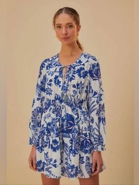 Farm Rio Womens L Flowerful Birds Off-White Mini Dress Resort Beach Vacation